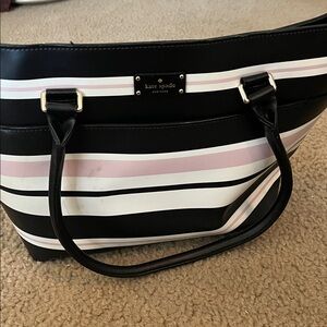 kate spade Black, White & Light Pink Striped Tote with Gold Plaque